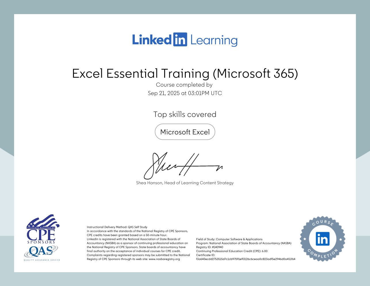 Excel Essential Training certificate